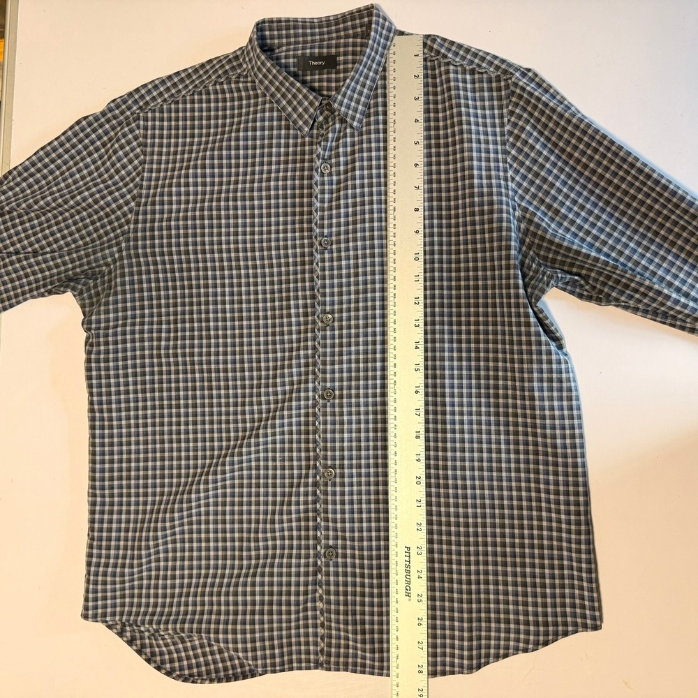 Theory Benner Trimont Men's XL Gingham Button Down Shirt Blue Grey Cotton Plaid - Picture 14 of 16